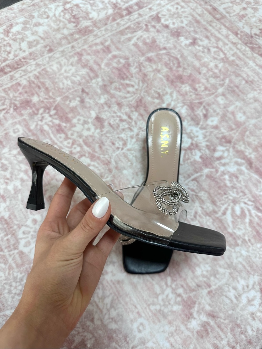 NEW 🖤 Y2K Crystal Bow Clear Strap Slip On Heels - Picture 5 of 9